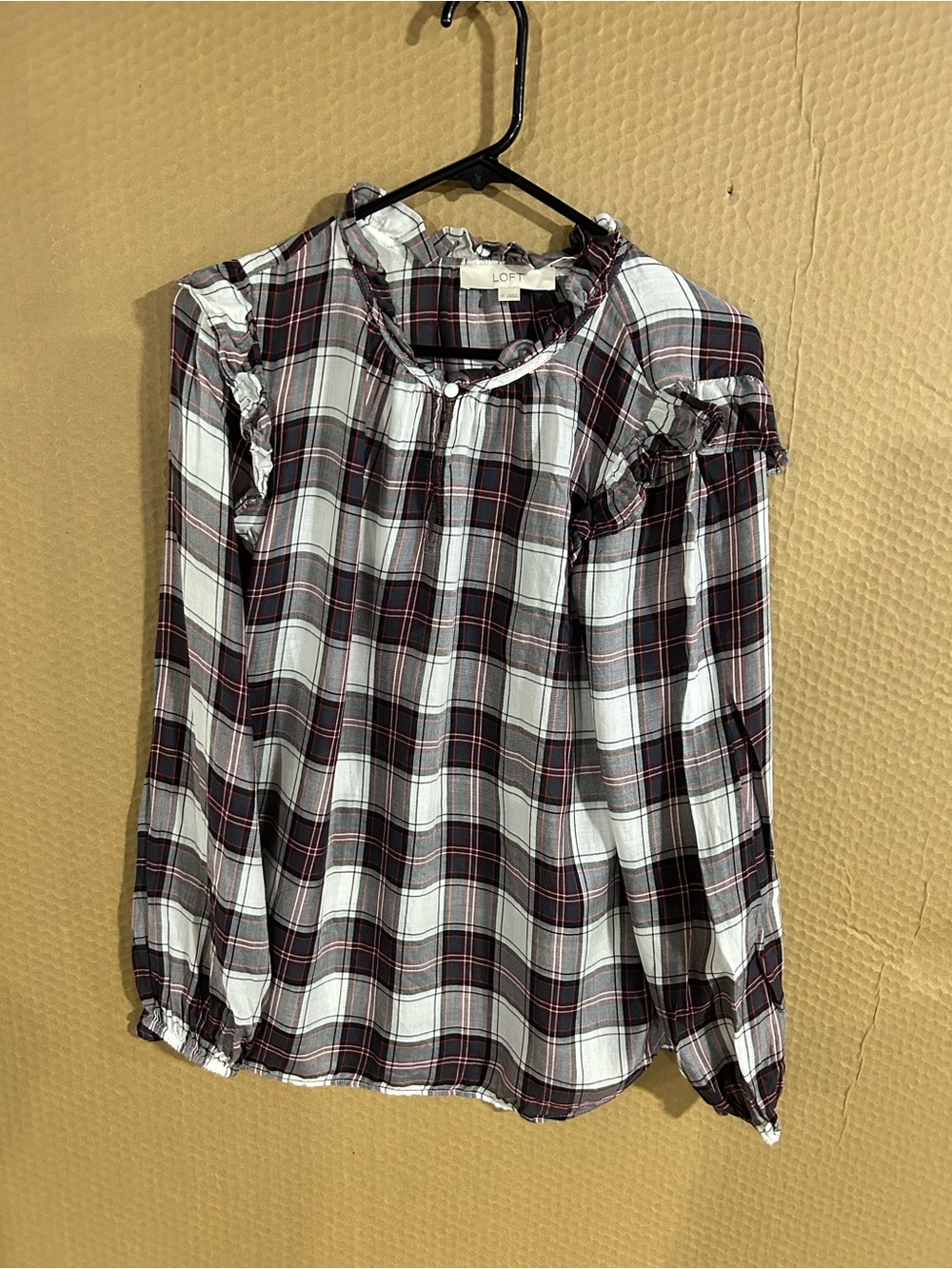 LOFT Plaid Ruffle Yoke Long Sleeve Top in Black, White & Burgundy